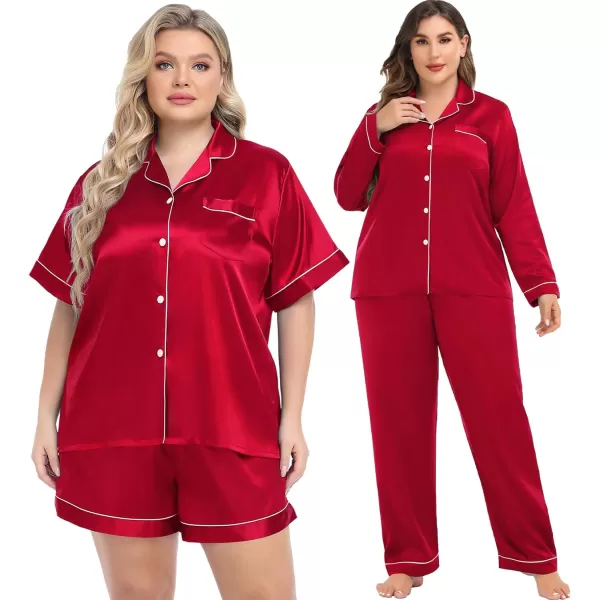 SWOMOG Womens Plus Size Pajama Sets Silk Satin 4 Pcs Pajamas Button Down Loungewear Silky Sleepwear Nightwear 16W26WRed