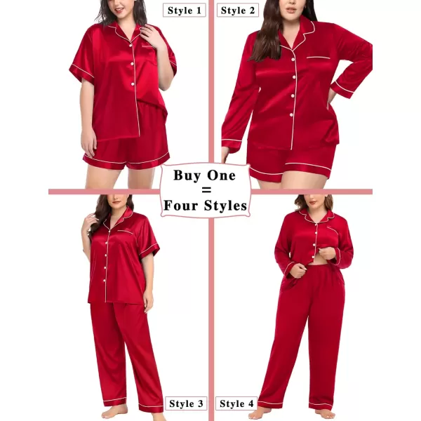 SWOMOG Womens Plus Size Pajama Sets Silk Satin 4 Pcs Pajamas Button Down Loungewear Silky Sleepwear Nightwear 16W26WRed