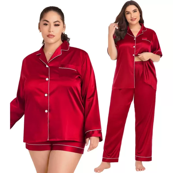 SWOMOG Womens Plus Size Pajama Sets Silk Satin 4 Pcs Pajamas Button Down Loungewear Silky Sleepwear Nightwear 16W26WRed