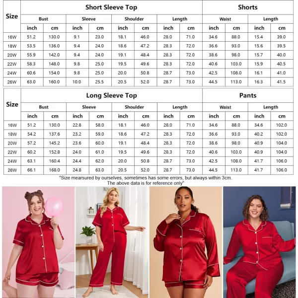 SWOMOG Womens Plus Size Pajama Sets Silk Satin 4 Pcs Pajamas Button Down Loungewear Silky Sleepwear Nightwear 16W26WRed