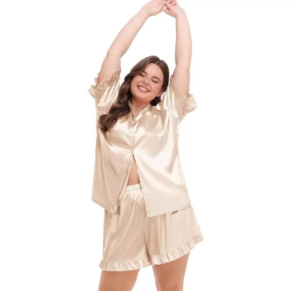 SWOMOG Womens Plus Size Pajamas Satin Silk Short Sleeve Pjs Sets Ruffle Shorts Plus 2 Piece Sleepwear Summer Pj with PocketChampagne