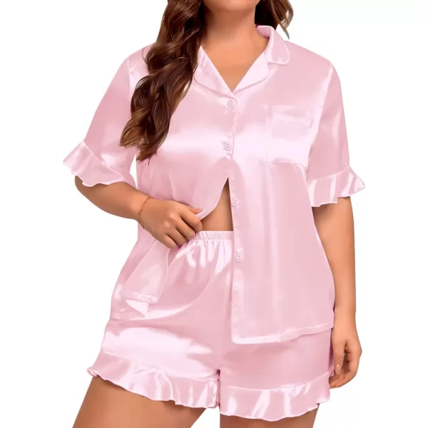 SWOMOG Womens Plus Size Pajamas Satin Silk Short Sleeve Pjs Sets Ruffle Shorts Plus 2 Piece Sleepwear Summer Pj with PocketPink