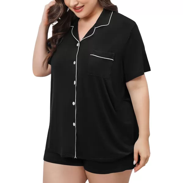 SWOMOG Womens Plus Size Pajamas Set Button Down Tops Short Sleeve Sleepwear Soft Pajama Shorts 2 Pcs Lounge Sets With PocketBlack