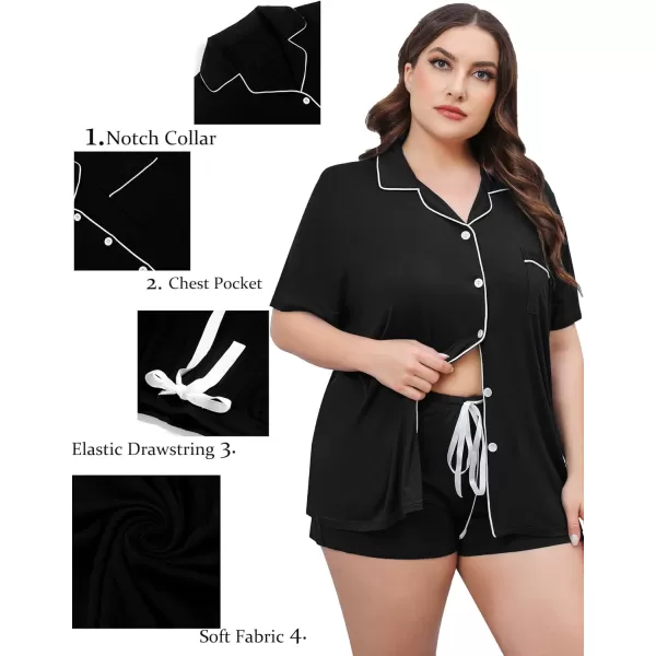 SWOMOG Womens Plus Size Pajamas Set Button Down Tops Short Sleeve Sleepwear Soft Pajama Shorts 2 Pcs Lounge Sets With PocketBlack