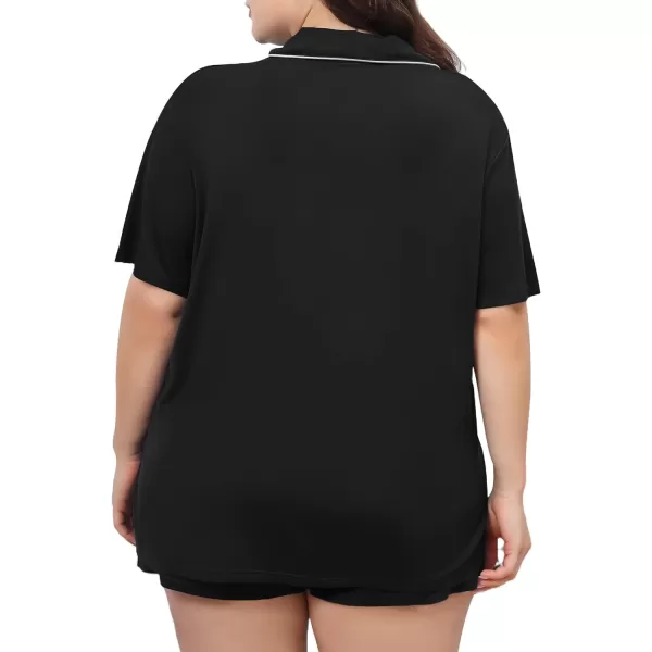 SWOMOG Womens Plus Size Pajamas Set Button Down Tops Short Sleeve Sleepwear Soft Pajama Shorts 2 Pcs Lounge Sets With PocketBlack