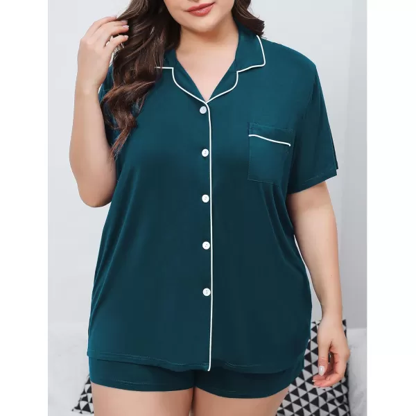 SWOMOG Womens Plus Size Pajamas Set Button Down Tops Short Sleeve Sleepwear Soft Pajama Shorts 2 Pcs Lounge Sets With PocketBlue Green