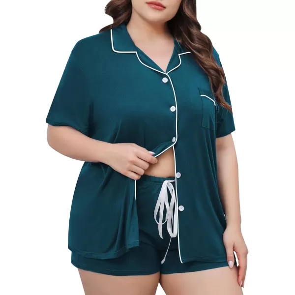 SWOMOG Womens Plus Size Pajamas Set Button Down Tops Short Sleeve Sleepwear Soft Pajama Shorts 2 Pcs Lounge Sets With PocketBlue Green