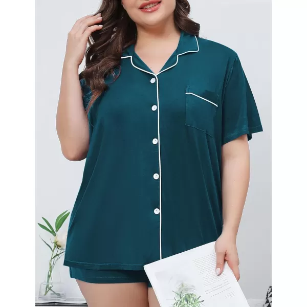 SWOMOG Womens Plus Size Pajamas Set Button Down Tops Short Sleeve Sleepwear Soft Pajama Shorts 2 Pcs Lounge Sets With PocketBlue Green