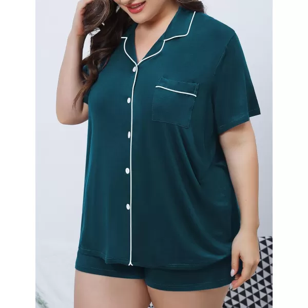 SWOMOG Womens Plus Size Pajamas Set Button Down Tops Short Sleeve Sleepwear Soft Pajama Shorts 2 Pcs Lounge Sets With PocketBlue Green