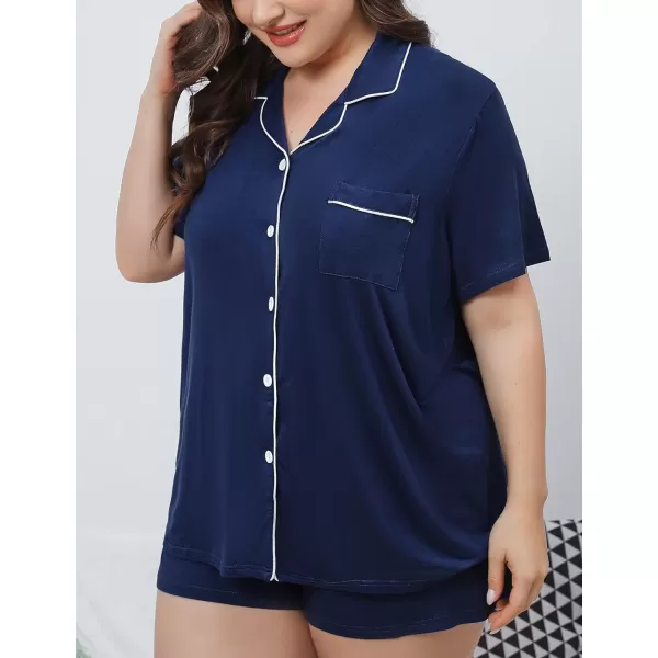 SWOMOG Womens Plus Size Pajamas Set Button Down Tops Short Sleeve Sleepwear Soft Pajama Shorts 2 Pcs Lounge Sets With PocketNavy Blue