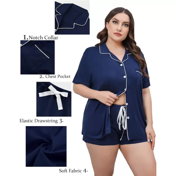 SWOMOG Womens Plus Size Pajamas Set Button Down Tops Short Sleeve Sleepwear Soft Pajama Shorts 2 Pcs Lounge Sets With PocketNavy Blue