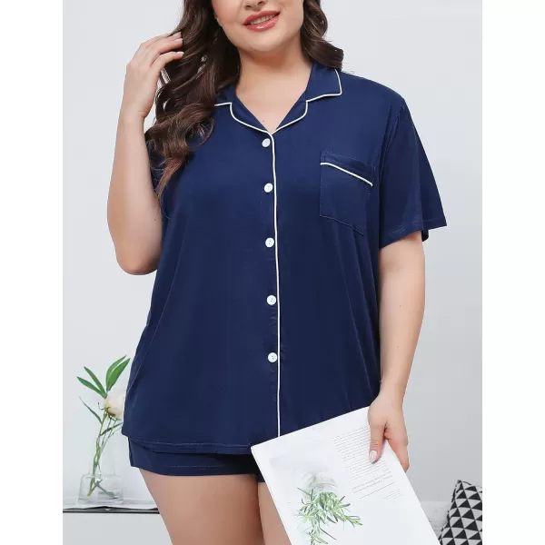 SWOMOG Womens Plus Size Pajamas Set Button Down Tops Short Sleeve Sleepwear Soft Pajama Shorts 2 Pcs Lounge Sets With PocketNavy Blue