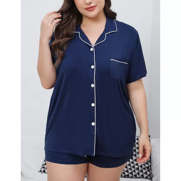 SWOMOG Womens Plus Size Pajamas Set Button Down Tops Short Sleeve Sleepwear Soft Pajama Shorts 2 Pcs Lounge Sets With PocketNavy Blue