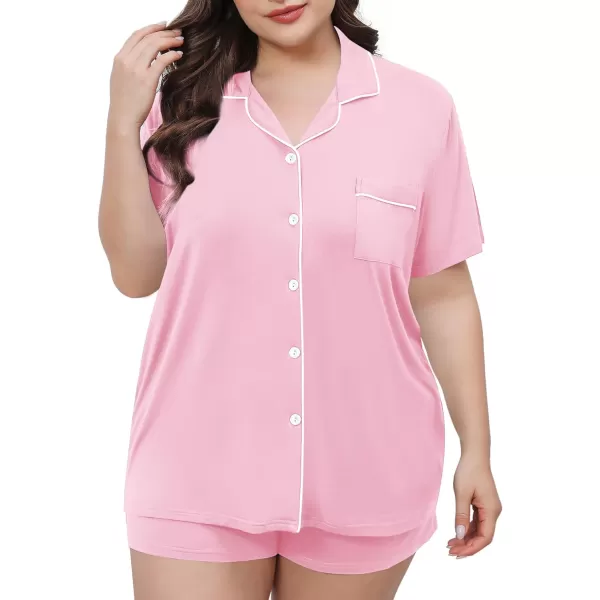 SWOMOG Womens Plus Size Pajamas Set Button Down Tops Short Sleeve Sleepwear Soft Pajama Shorts 2 Pcs Lounge Sets With PocketPink