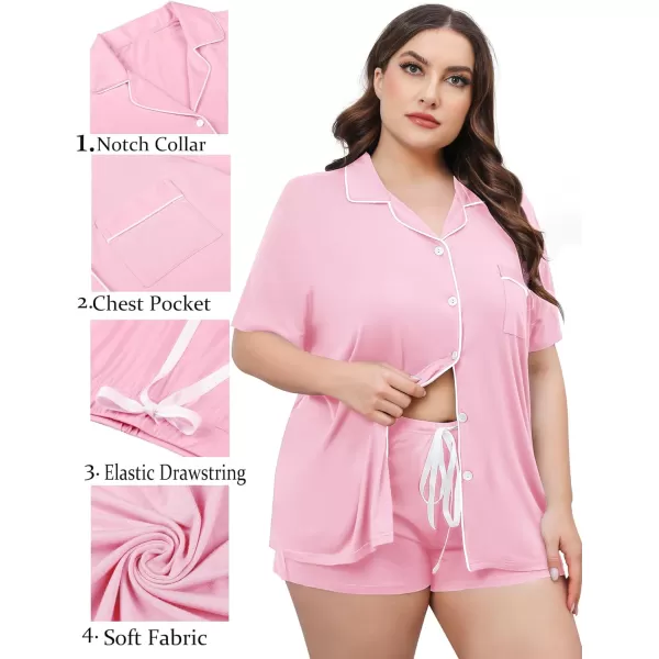 SWOMOG Womens Plus Size Pajamas Set Button Down Tops Short Sleeve Sleepwear Soft Pajama Shorts 2 Pcs Lounge Sets With PocketPink