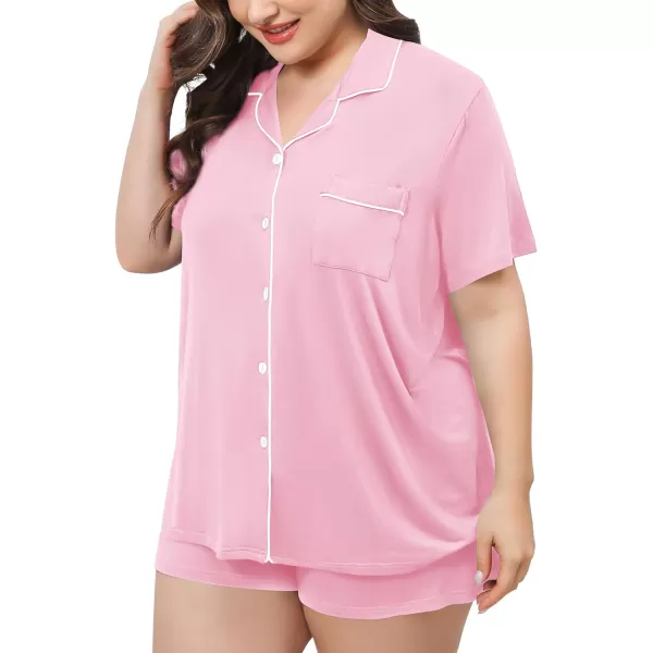 SWOMOG Womens Plus Size Pajamas Set Button Down Tops Short Sleeve Sleepwear Soft Pajama Shorts 2 Pcs Lounge Sets With PocketPink