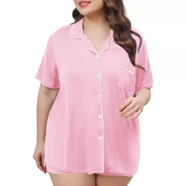 SWOMOG Womens Plus Size Pajamas Set Button Down Tops Short Sleeve Sleepwear Soft Pajama Shorts 2 Pcs Lounge Sets With PocketPink