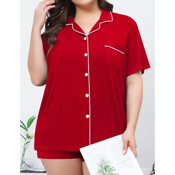 SWOMOG Womens Plus Size Pajamas Set Button Down Tops Short Sleeve Sleepwear Soft Pajama Shorts 2 Pcs Lounge Sets With PocketRed