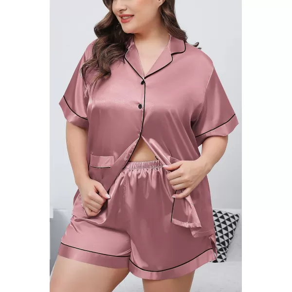 SWOMOG Womens Plus Size Pajamas Silk Satin Button Down Shirt Pajama Shorts 2 Pcs Short Sets Pj Loungewear with PocketsAmisty Rose