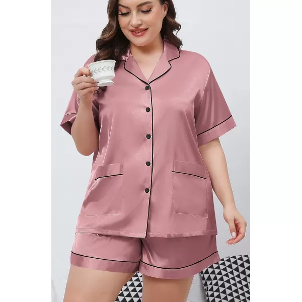 SWOMOG Womens Plus Size Pajamas Silk Satin Button Down Shirt Pajama Shorts 2 Pcs Short Sets Pj Loungewear with PocketsAmisty Rose