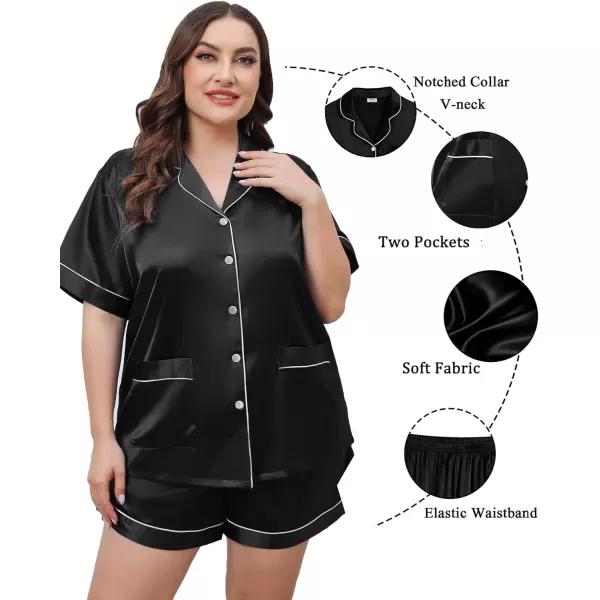 SWOMOG Womens Plus Size Pajamas Silk Satin Button Down Shirt Pajama Shorts 2 Pcs Short Sets Pj Loungewear with PocketsBlack