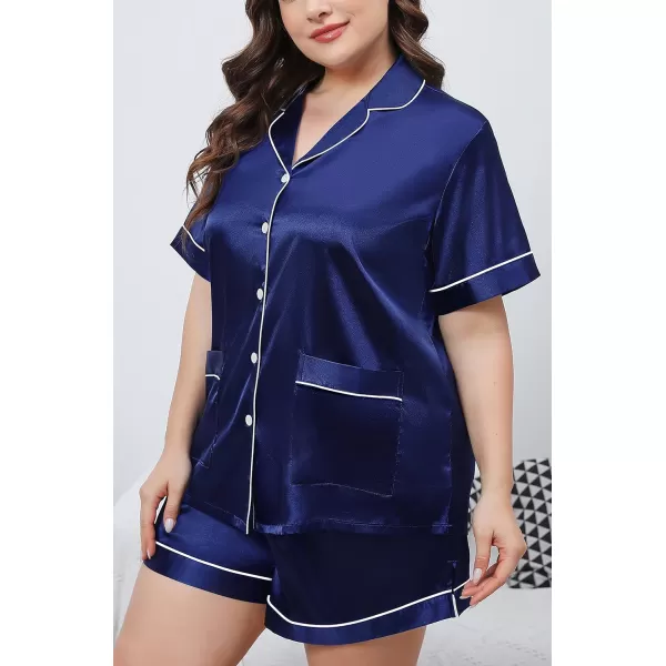 SWOMOG Womens Plus Size Pajamas Silk Satin Button Down Shirt Pajama Shorts 2 Pcs Short Sets Pj Loungewear with PocketsNavy Blue