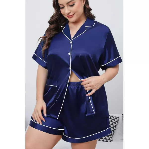 SWOMOG Womens Plus Size Pajamas Silk Satin Button Down Shirt Pajama Shorts 2 Pcs Short Sets Pj Loungewear with PocketsNavy Blue