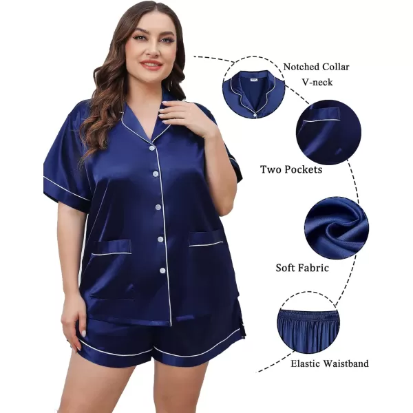 SWOMOG Womens Plus Size Pajamas Silk Satin Button Down Shirt Pajama Shorts 2 Pcs Short Sets Pj Loungewear with PocketsNavy Blue