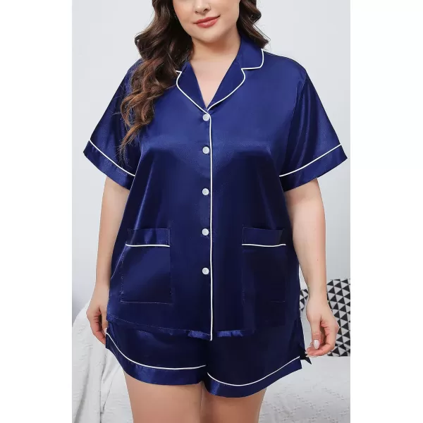 SWOMOG Womens Plus Size Pajamas Silk Satin Button Down Shirt Pajama Shorts 2 Pcs Short Sets Pj Loungewear with PocketsNavy Blue