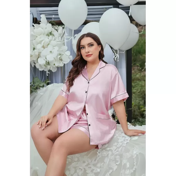 SWOMOG Womens Plus Size Pajamas Silk Satin Button Down Shirt Pajama Shorts 2 Pcs Short Sets Pj Loungewear with PocketsPink