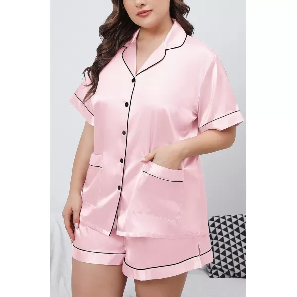 SWOMOG Womens Plus Size Pajamas Silk Satin Button Down Shirt Pajama Shorts 2 Pcs Short Sets Pj Loungewear with PocketsPink