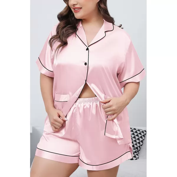 SWOMOG Womens Plus Size Pajamas Silk Satin Button Down Shirt Pajama Shorts 2 Pcs Short Sets Pj Loungewear with PocketsPink