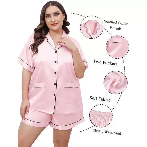 SWOMOG Womens Plus Size Pajamas Silk Satin Button Down Shirt Pajama Shorts 2 Pcs Short Sets Pj Loungewear with PocketsPink