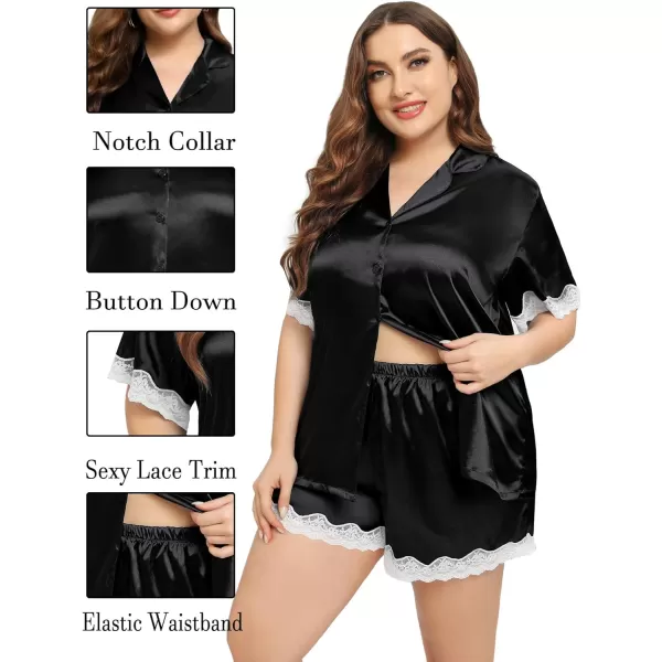 SWOMOG Womens Plus Size Pajamas Silk Satin Pajama Set Short Sleeve Button Down Sleepwear 2 piece Lace Pj Sets 18W26WBlack