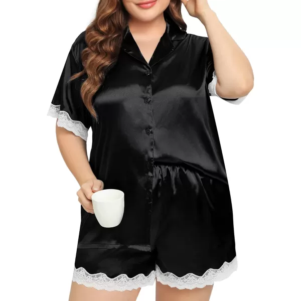 SWOMOG Womens Plus Size Pajamas Silk Satin Pajama Set Short Sleeve Button Down Sleepwear 2 piece Lace Pj Sets 18W26WBlack