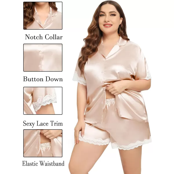 SWOMOG Womens Plus Size Pajamas Silk Satin Pajama Set Short Sleeve Button Down Sleepwear 2 piece Lace Pj Sets 18W26WChampagne