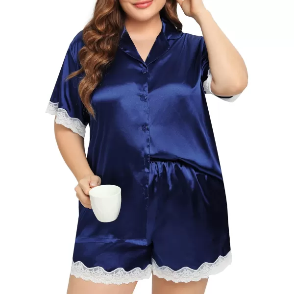 SWOMOG Womens Plus Size Pajamas Silk Satin Pajama Set Short Sleeve Button Down Sleepwear 2 piece Lace Pj Sets 18W26WNavy Blue