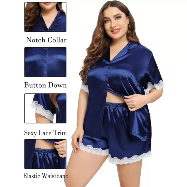 SWOMOG Womens Plus Size Pajamas Silk Satin Pajama Set Short Sleeve Button Down Sleepwear 2 piece Lace Pj Sets 18W26WNavy Blue