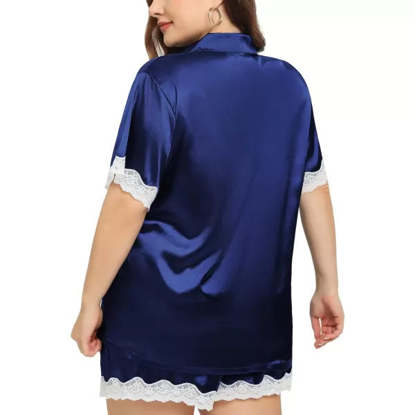 SWOMOG Womens Plus Size Pajamas Silk Satin Pajama Set Short Sleeve Button Down Sleepwear 2 piece Lace Pj Sets 18W26WNavy Blue