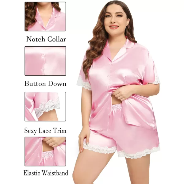 SWOMOG Womens Plus Size Pajamas Silk Satin Pajama Set Short Sleeve Button Down Sleepwear 2 piece Lace Pj Sets 18W26WPink