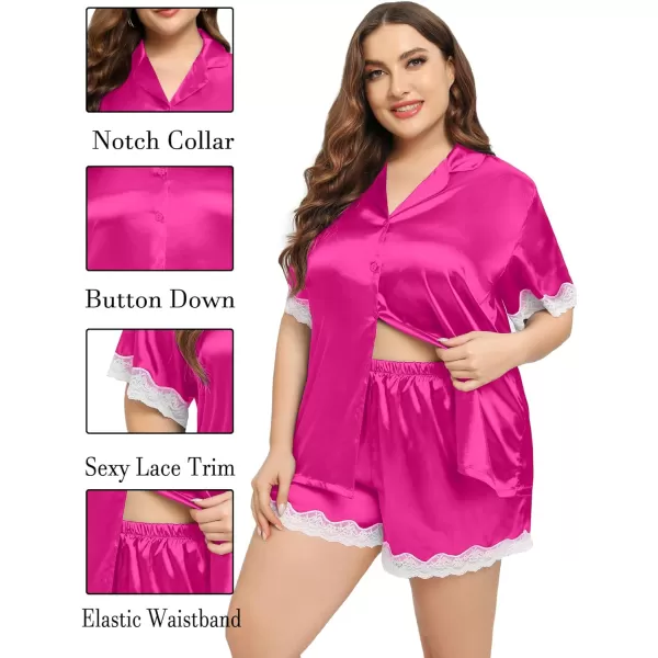 SWOMOG Womens Plus Size Pajamas Silk Satin Pajama Set Short Sleeve Button Down Sleepwear 2 piece Lace Pj Sets 18W26WRose Red