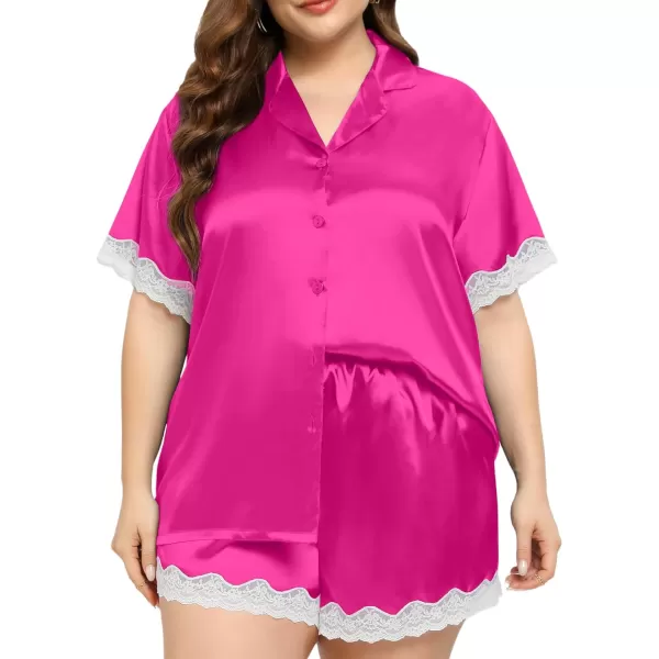 SWOMOG Womens Plus Size Pajamas Silk Satin Pajama Set Short Sleeve Button Down Sleepwear 2 piece Lace Pj Sets 18W26WRose Red