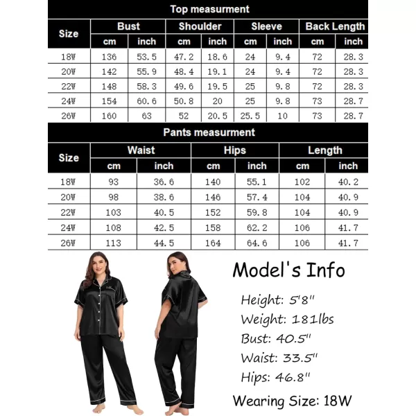 SWOMOG Womens Plus Size Pajamas Silk Satin Pajama Set Short Sleeve Shirt with FullLength Pants Pjs Sleepwear Set 18W26WBlack