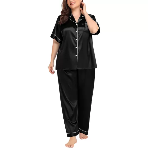 SWOMOG Womens Plus Size Pajamas Silk Satin Pajama Set Short Sleeve Shirt with FullLength Pants Pjs Sleepwear Set 18W26WBlack