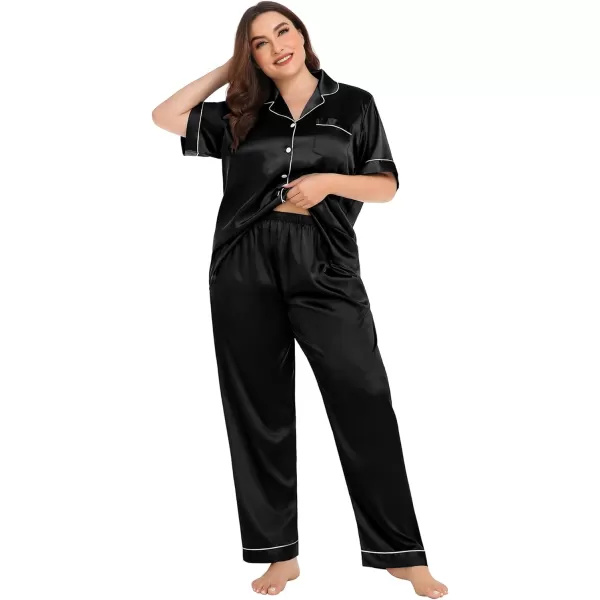 SWOMOG Womens Plus Size Pajamas Silk Satin Pajama Set Short Sleeve Shirt with FullLength Pants Pjs Sleepwear Set 18W26WBlack