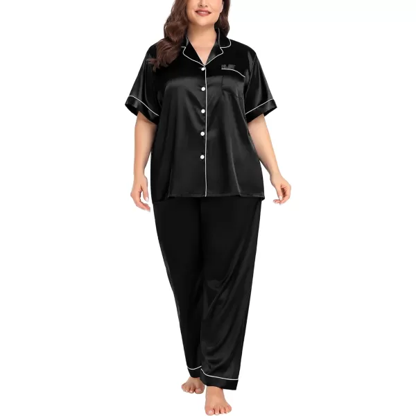 SWOMOG Womens Plus Size Pajamas Silk Satin Pajama Set Short Sleeve Shirt with FullLength Pants Pjs Sleepwear Set 18W26WBlack