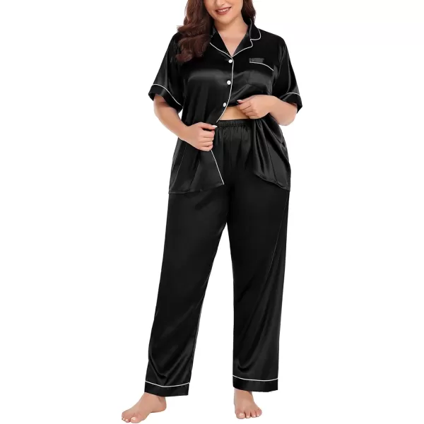 SWOMOG Womens Plus Size Pajamas Silk Satin Pajama Set Short Sleeve Shirt with FullLength Pants Pjs Sleepwear Set 18W26WBlack