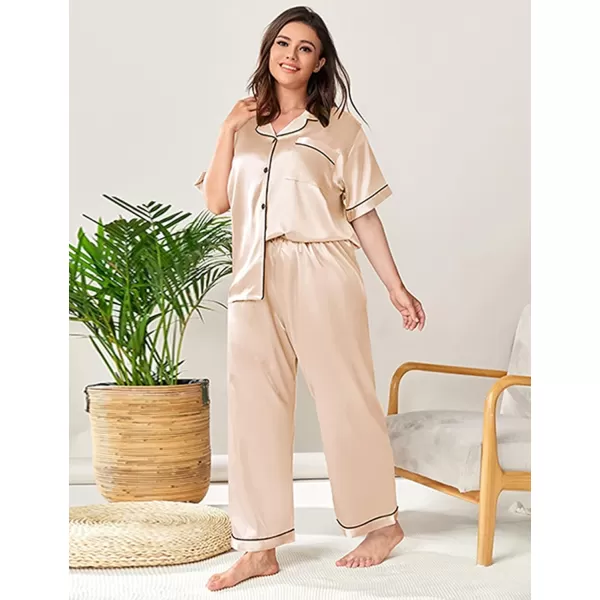 SWOMOG Womens Plus Size Pajamas Silk Satin Pajama Set Short Sleeve Shirt with FullLength Pants Pjs Sleepwear Set 18W26WChampagne