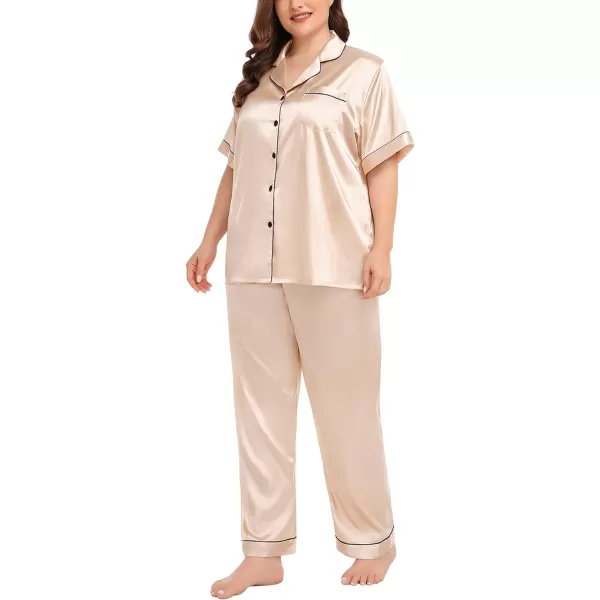 SWOMOG Womens Plus Size Pajamas Silk Satin Pajama Set Short Sleeve Shirt with FullLength Pants Pjs Sleepwear Set 18W26WChampagne