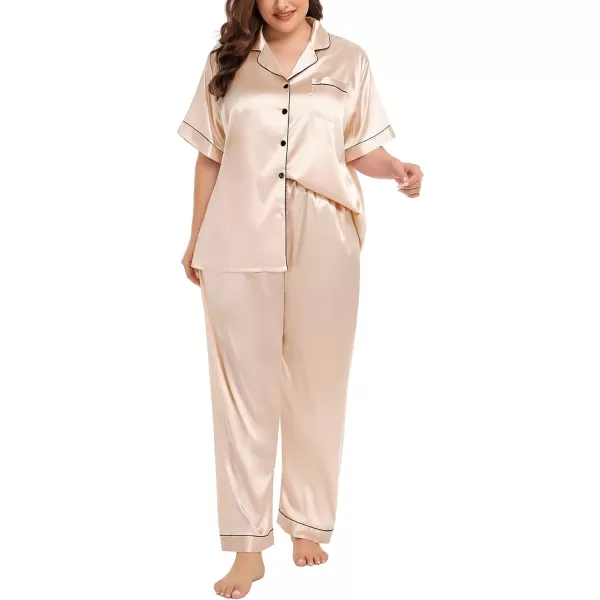 SWOMOG Womens Plus Size Pajamas Silk Satin Pajama Set Short Sleeve Shirt with FullLength Pants Pjs Sleepwear Set 18W26WChampagne